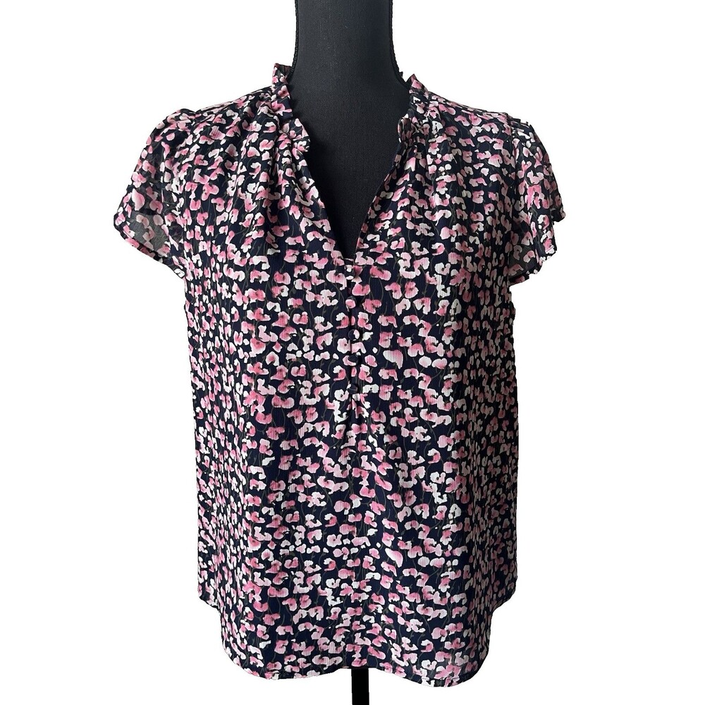 J.Crew Women's Preppy Ruffleneck Button Up Blouse Navy Multi Floral Medium‎